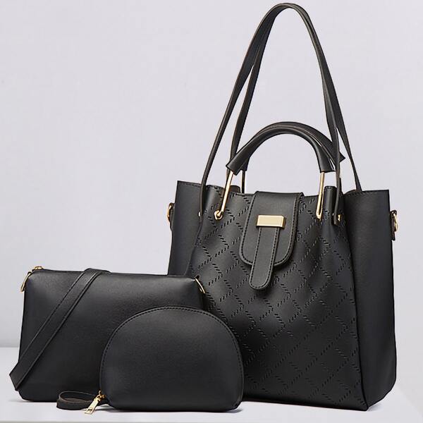 3pcs Quilted Bucket Bag Set, Black