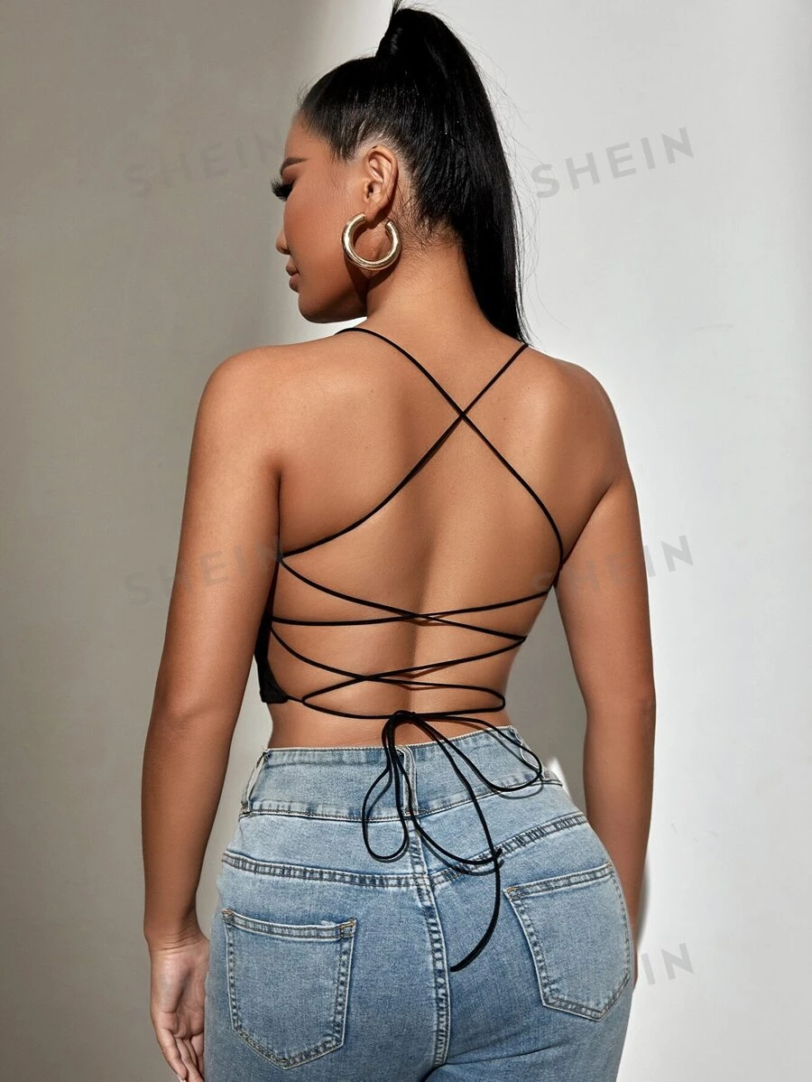 SHEIN Allurite Top crop cu șireturi fără spate