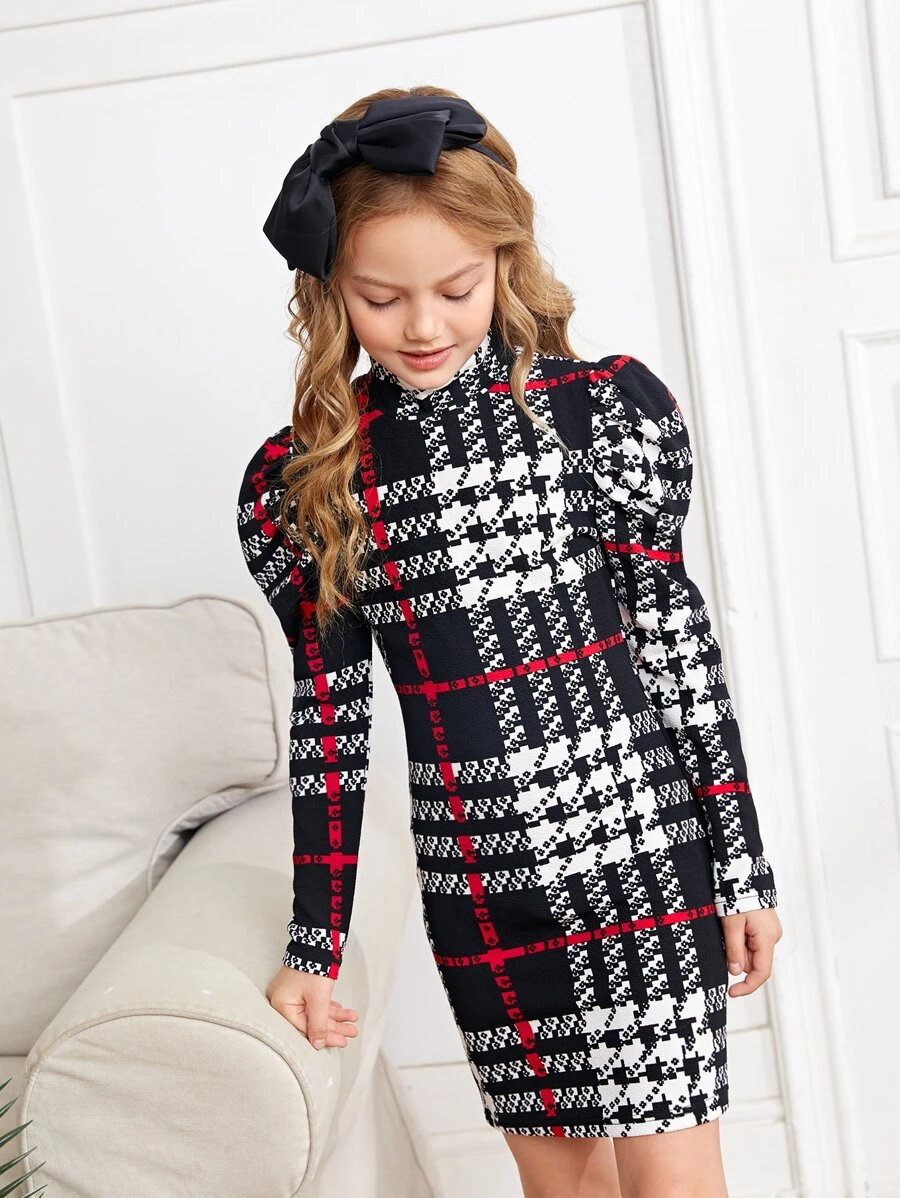 SHEIN Tween Girls Plaid Mock Neck Gigot Sleeve Dress
