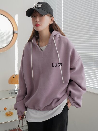 DAZY Letter Graphic Drop Shoulder Drawstring Thermal Lined Hoodie