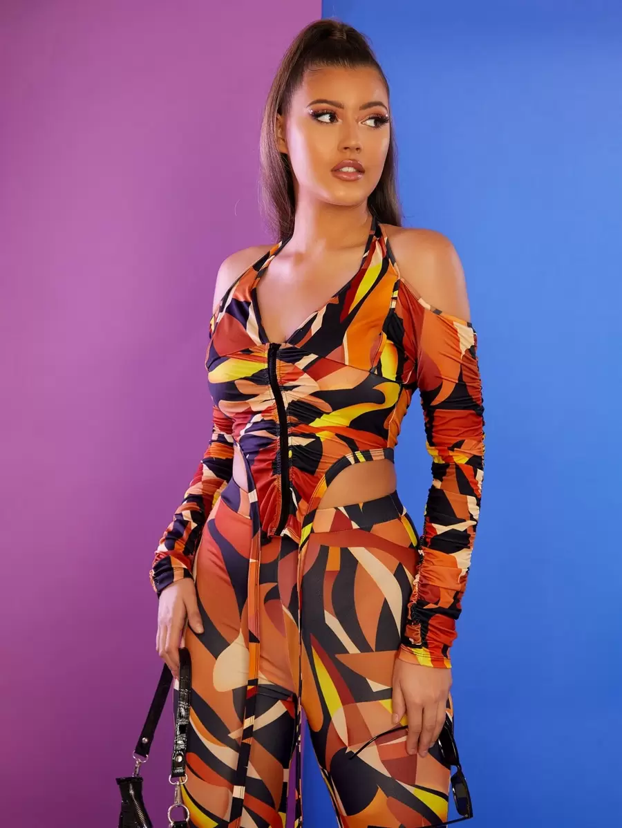 SHEIN BAE Sexy Volledig geprint Dame top Asymmetrisch Ruches Rits