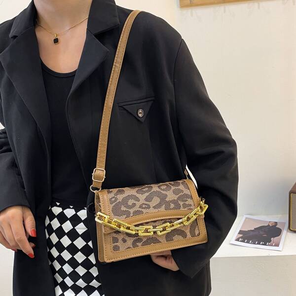 Leopard Flap Satchel Bag, Multicolor