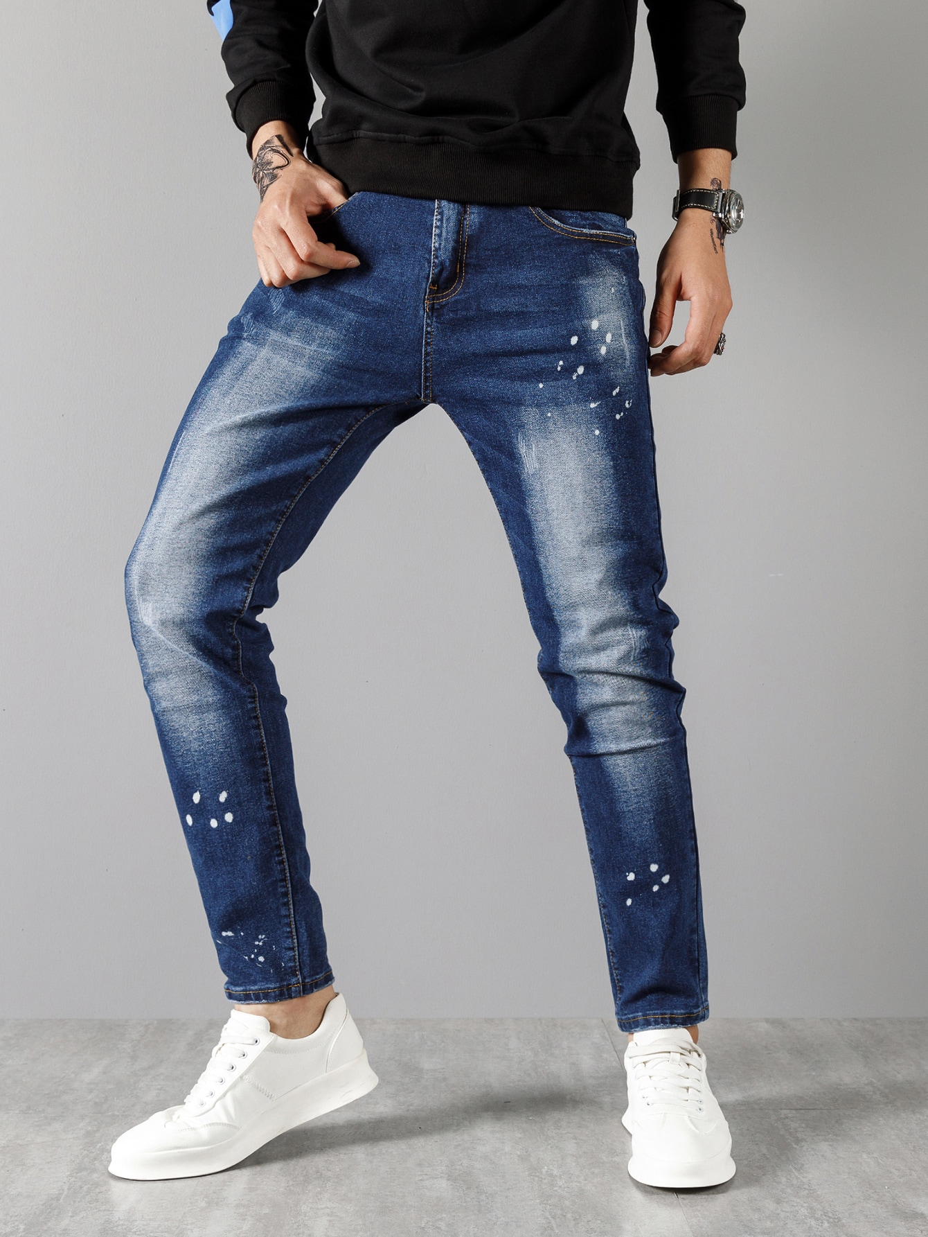 Men Splatter Print Washed Tapered Jeans