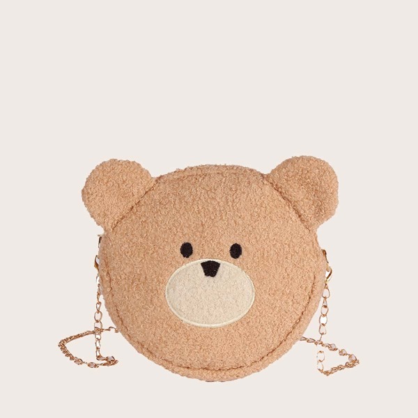 Girls Cartoon Bear Design Fluffy Crossbody Bag, Khaki