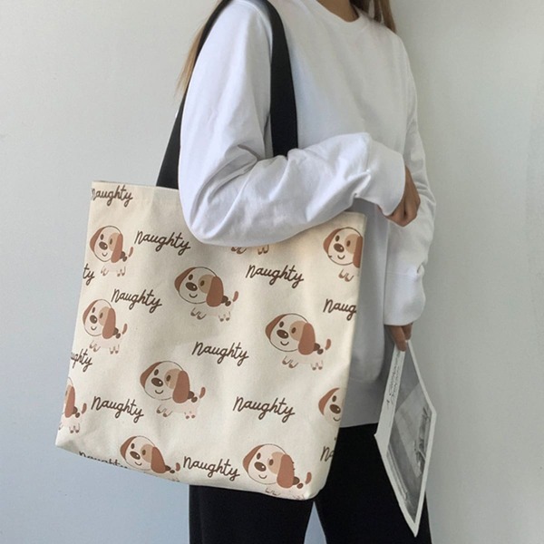 Cartoon Graphic Shoulder Tote Bag, Beige