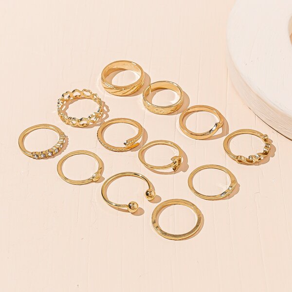 12pcs Heart Decor Ring, Gold