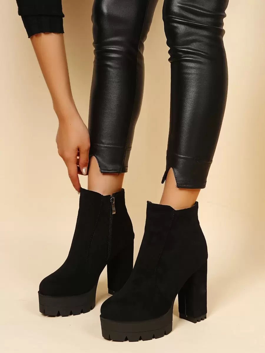 Women's Black Simple Suede Thick Sole Boots With Side Zipper,Wear With Jeans