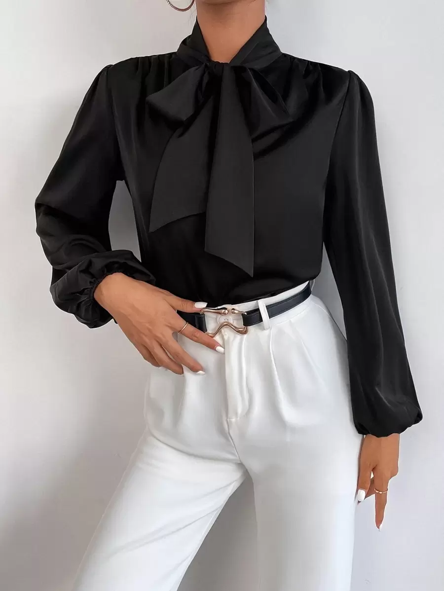 SHEIN BAE Satin Tie Neck Bishop Sleeve Blouse,Long Sleeve Tops