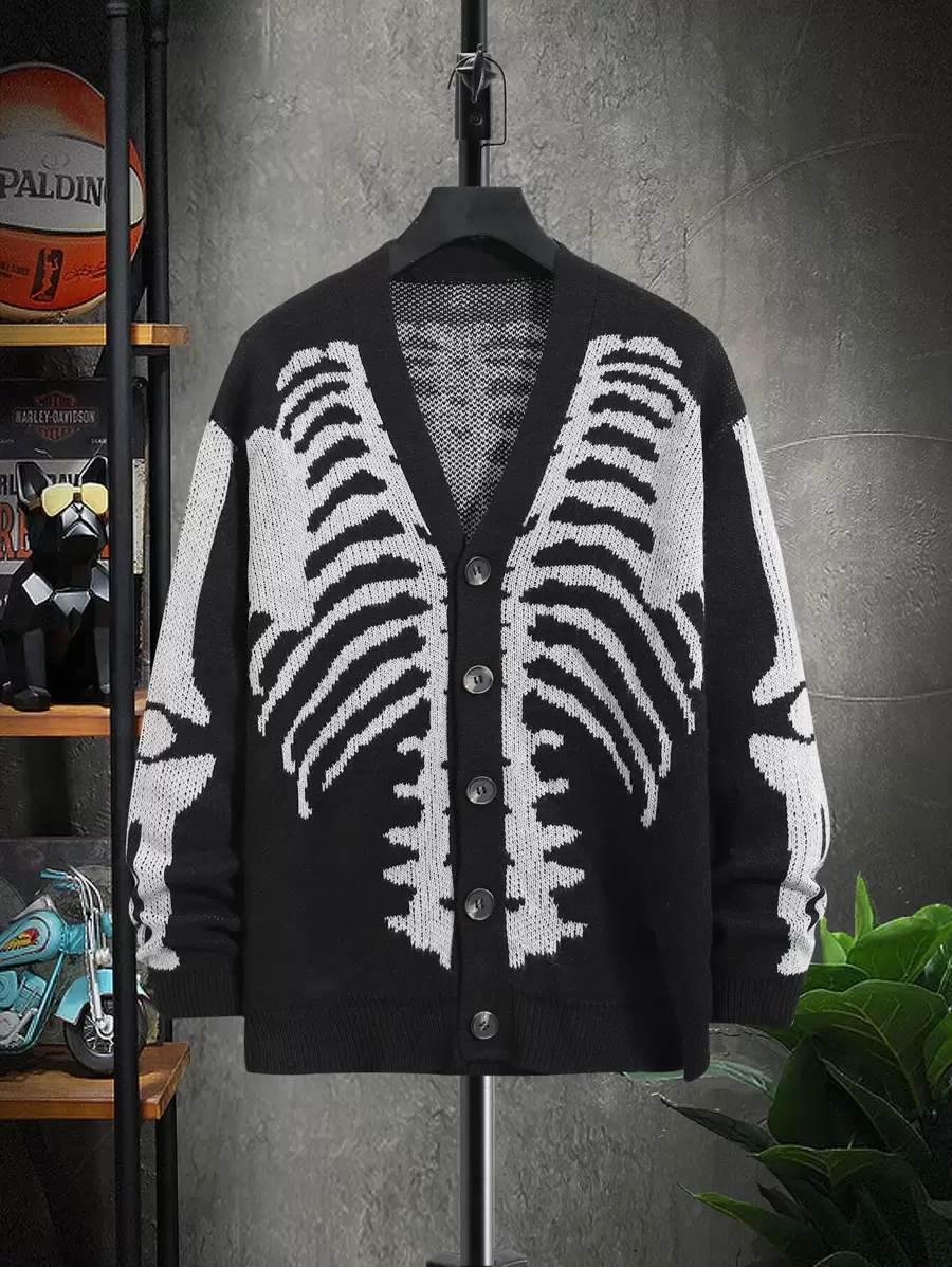 Manfinity EMRG Men Skeleton Pattern Button Through Cardigan Drop Shoulder Chunky Graphic Skull Color Block Urban Fashion Halloween Sweater Street Wear Cardigan, For Husband, Boyfriend Gifts