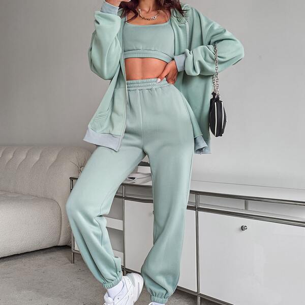 Zip Up Drop Shoulder Drawstring Thermal Lined Hoodie & Tank Top & Sweatpants, Mint green
Zip Up Drop Shoulder Drawstring Thermal Lined Hoodie & Tank Top & Sweatpants, Mint green