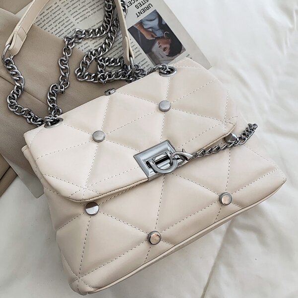 Minimalist Quilted Flap Shoulder Bag, White