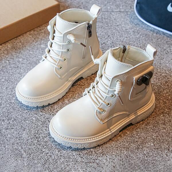 Girls Side Zipper Metal Detail Boots, Beige