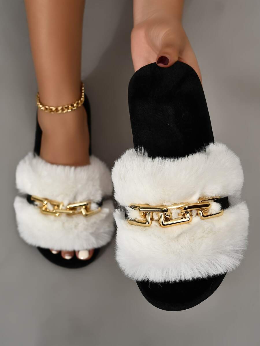 Pantuflas de dormitorio de felpa de color sólido de moda blancas para mujer