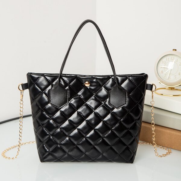 Minimalist Quilted Chain Square Bag, Black