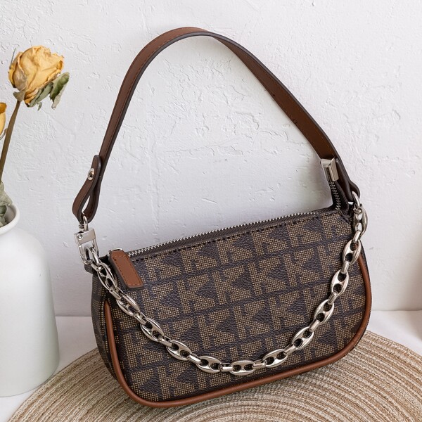 Colorblock Letter Graphic Chain Baguette Bag, Coffee brown