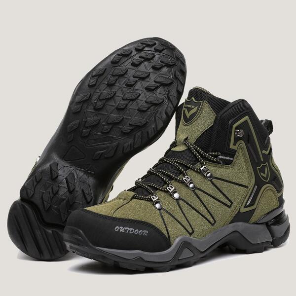 Men Colorblock Lace-up Front Boots, Army green