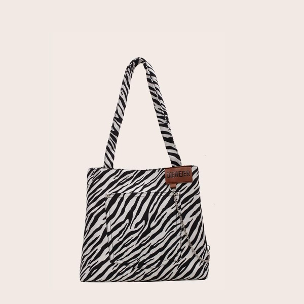 Zebra Striped Pattern Shoulder Tote Bag, Black and white