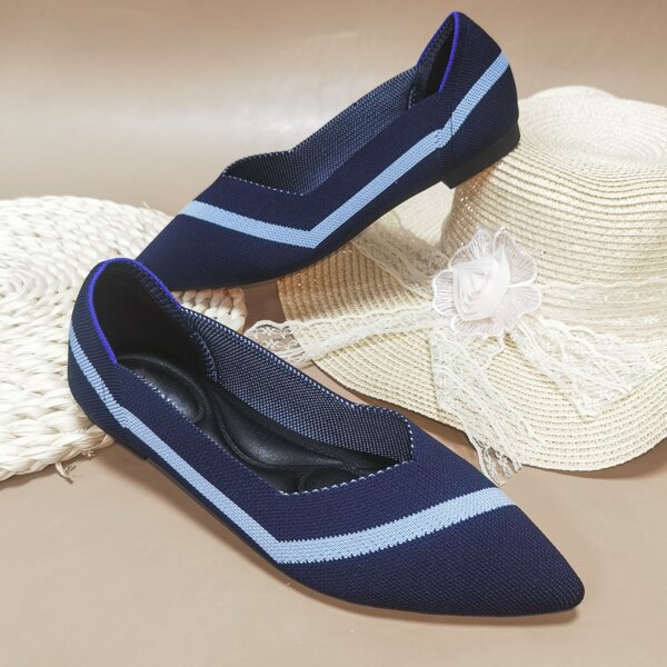 V Cut Knit Ballet Flats, Blue