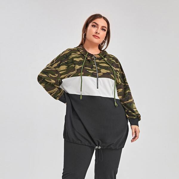 Plus Camo Panel Colorblock Half Zip Drop Shoulder Drawstring Hoodie & Sweatpants, Multicolor
Plus Camo Panel Colorblock Half Zip Drop Shoulder Drawstring Hoodie & Sweatpants, Multicolor