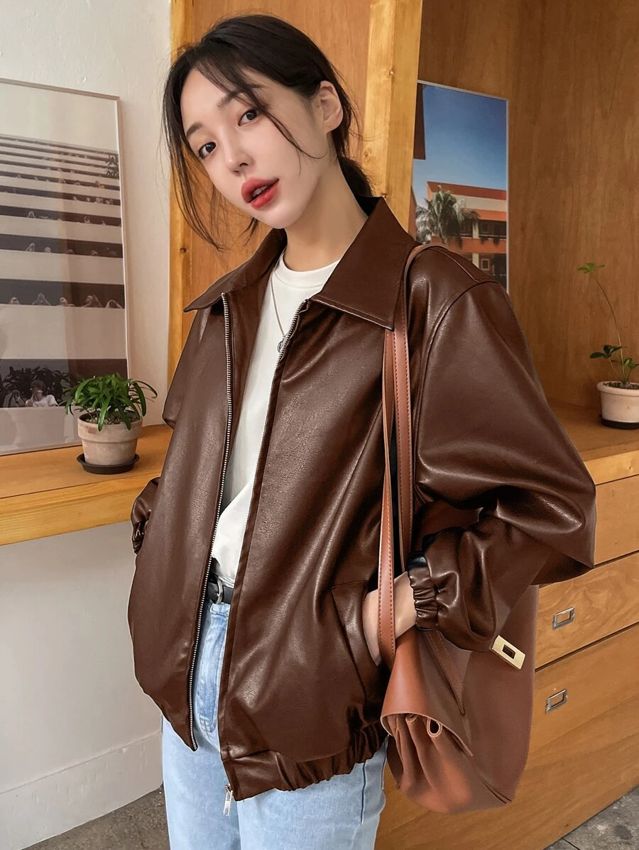 DAZY Slant Pockets PU Leather Jacket