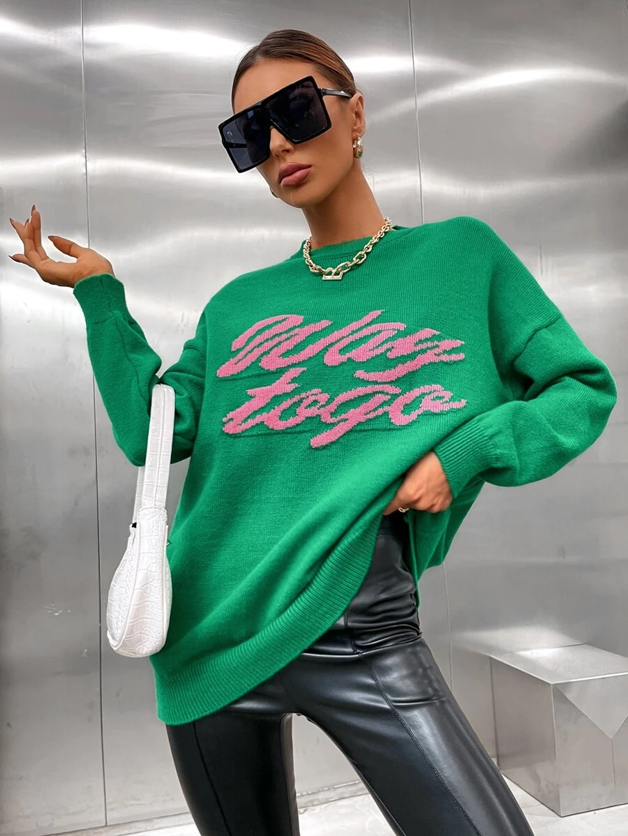 SHEIN EZwear Letter Pattern Drop Shoulder Oversized Sweater