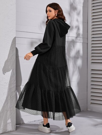 SHEIN Dobby Mesh Insert Drawstring Hoodie Dress