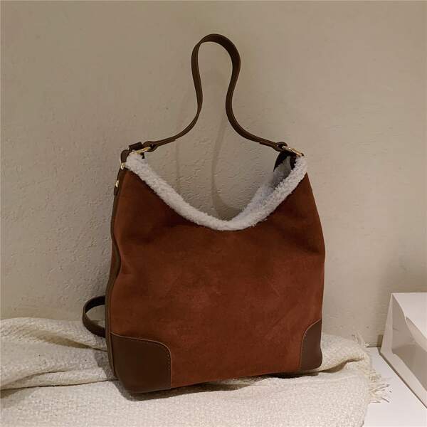 Contrast Binding Shoulder Bucket Bag, Brown