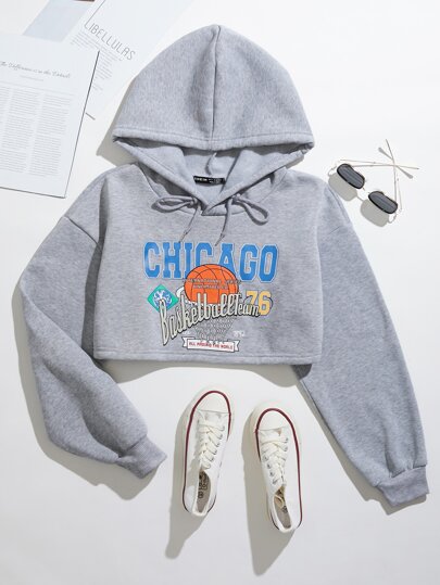 Letter & Basketball Print Drawstring Thermal Crop Hoodie