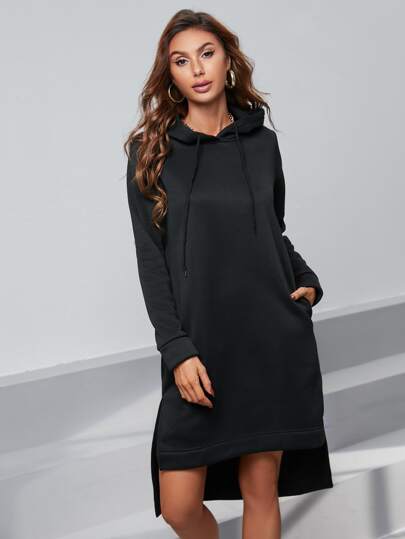 Slant Pockets High Low Slit Hem Drawstring Hoodie Dress