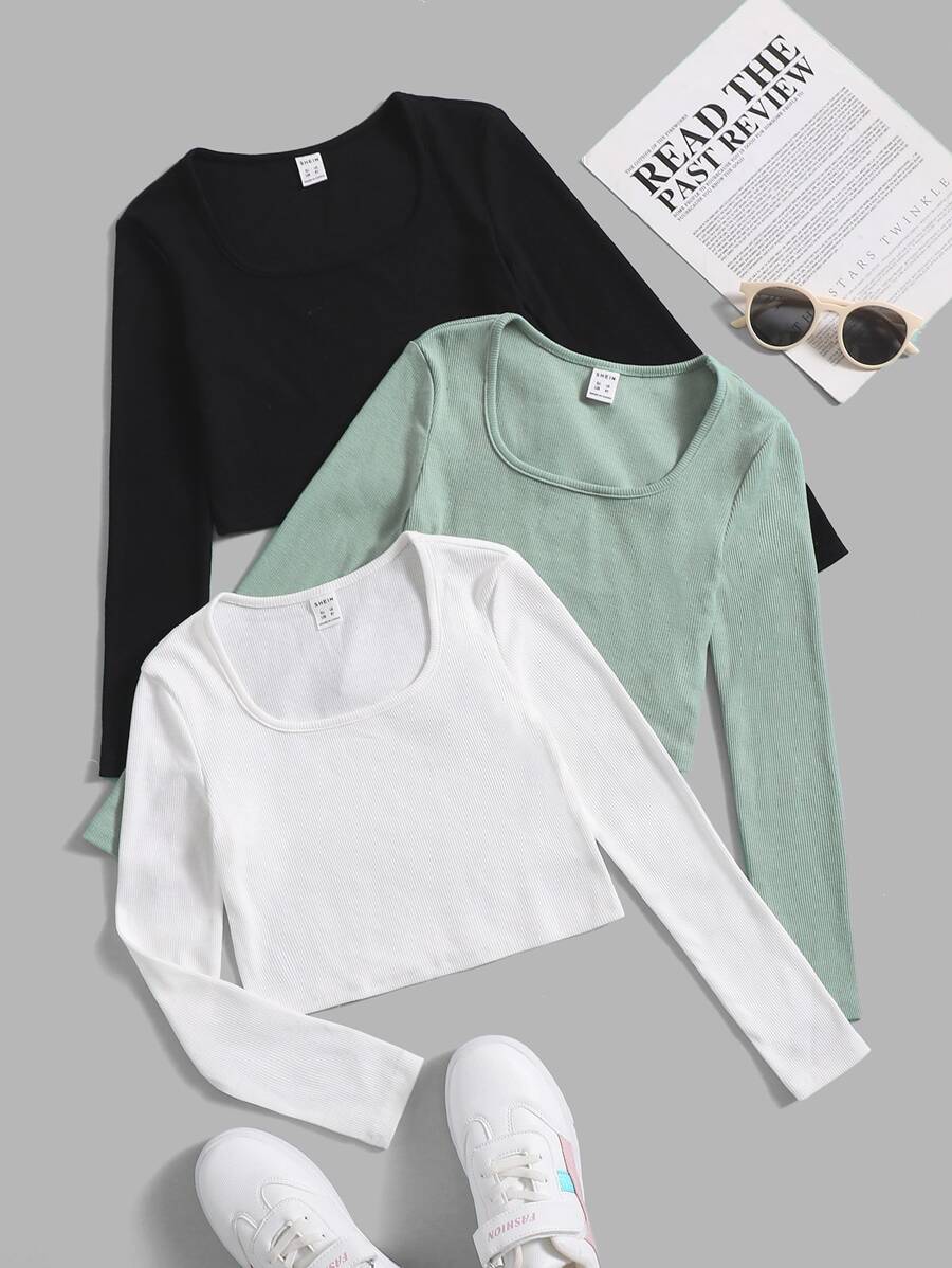 SHEIN Tween Girl 3pcs Ribbed Knit Tee