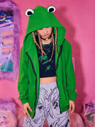 ROMWE Anime 3D Ear Zip Up Pocket Hoodie