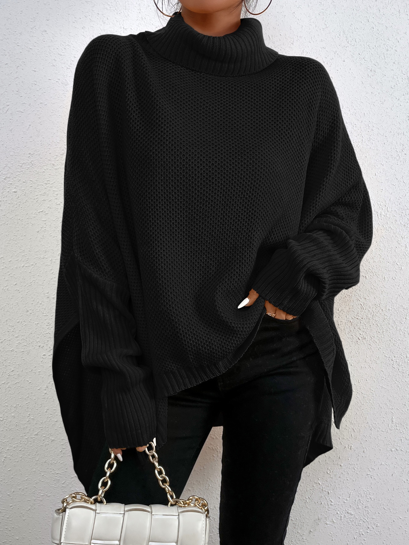 Funnel Neck Batwing Sleeve High Low Sweater