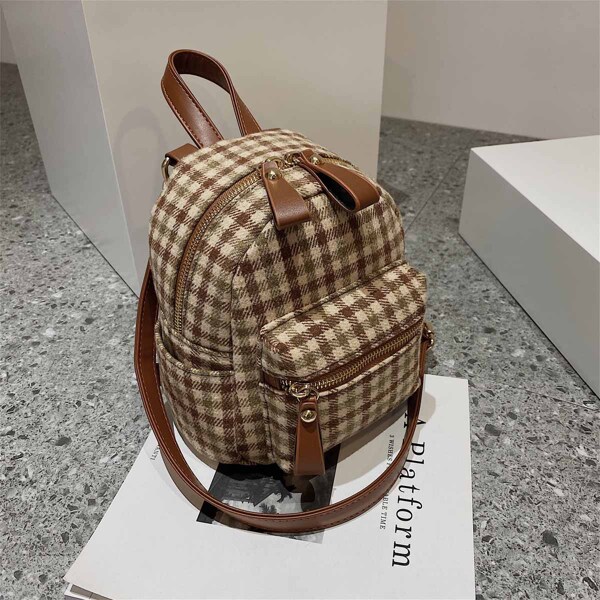 Gingham Double Zipper Backpack, Multicolor