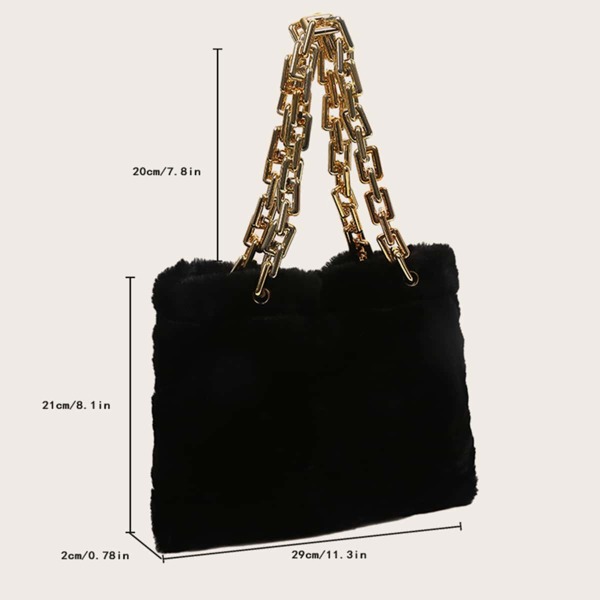 Fluffy Chain Shoulder Tote Bag, Black