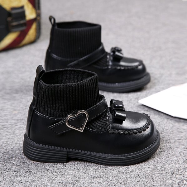 Girls Solid Bow Decor Slip On Boots, Black