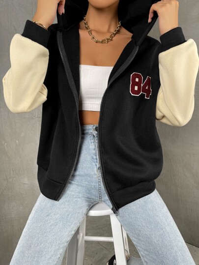 Zip Up Patch Detail Drop Shoulder Thermal Hoodie