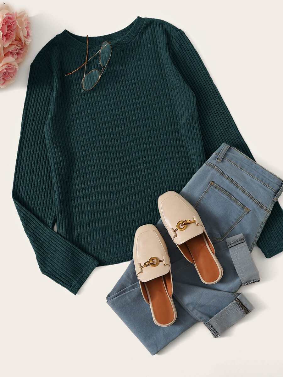 SHEIN Essnce Long Sleeve Rib-knit Solid Top