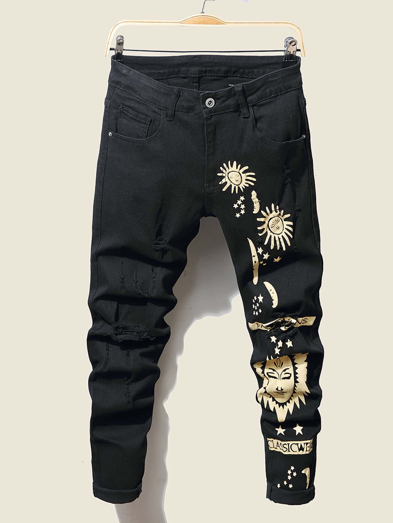 Men Sun And Letter Graphic Ripped Jeans