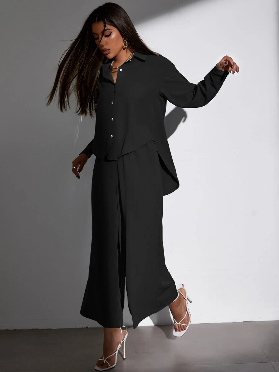 SHEIN Essnce Elegant Vlak Dames tweedelige outfits Hoog Laag Zak Voorpand met Knoopjes