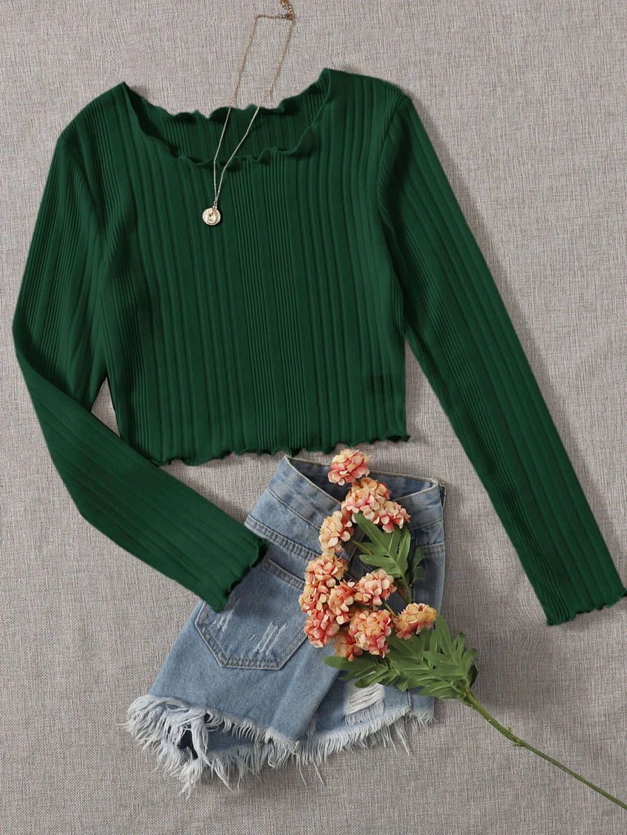 SHEIN EZwear Lettuce Trim Rib-knit Tee