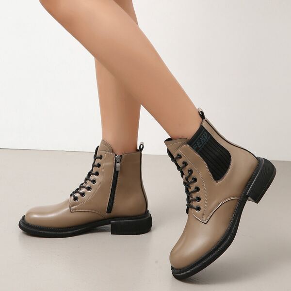 Side Zip Panel Design Combat Boots, Khaki