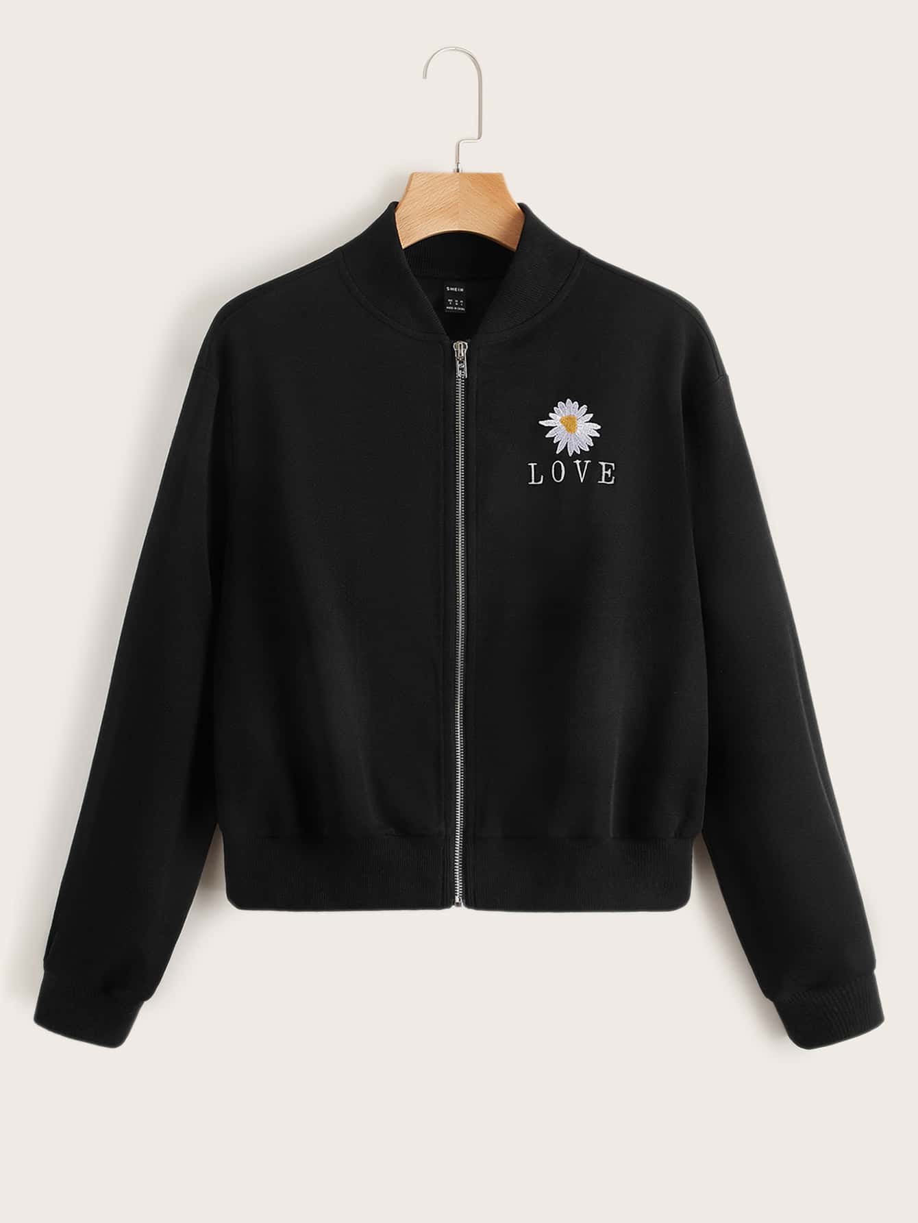SHEIN Floral And Letter Embroidery Bomber Jacket