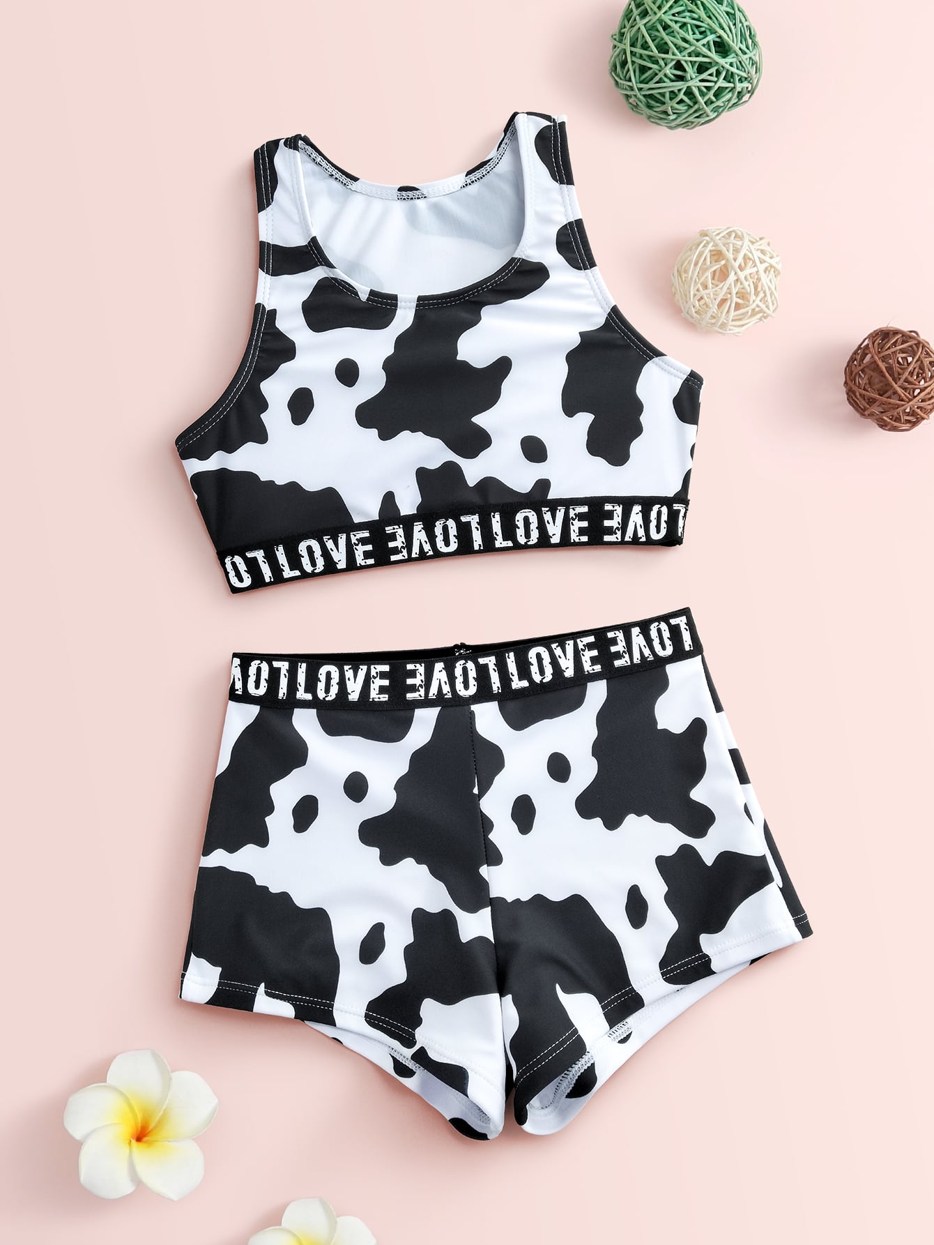 Girls Cow Print Letter Tape Bikini Swimsuit