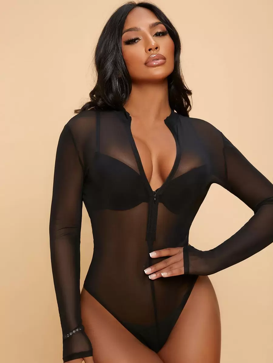 SHEIN SXY Half Zipper Placket Sheer Mesh Bodysuit