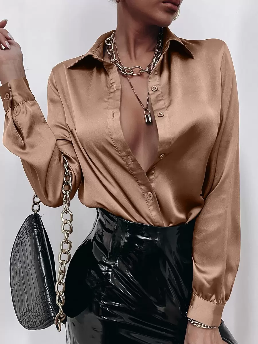 SHEIN Allurite Satin Solid Button Front Shirt,Long Sleeve Tops