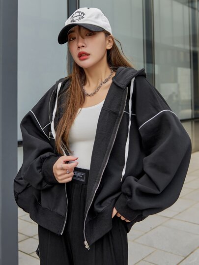 DAZY Contrast Piping Drop Shoulder Zipper Drawstring Thermal Hoodie