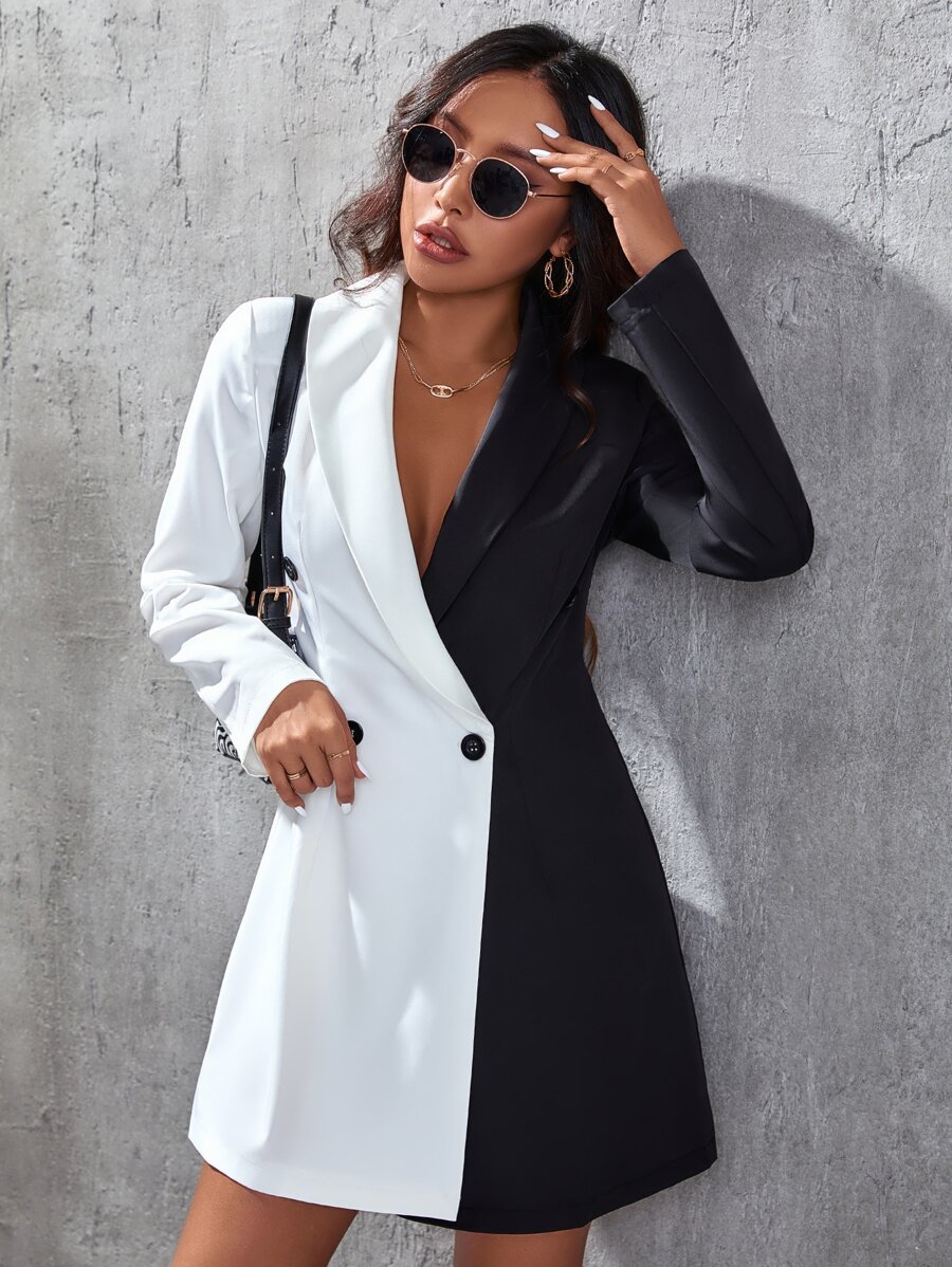 Two Tone Double Button Blazer Dress