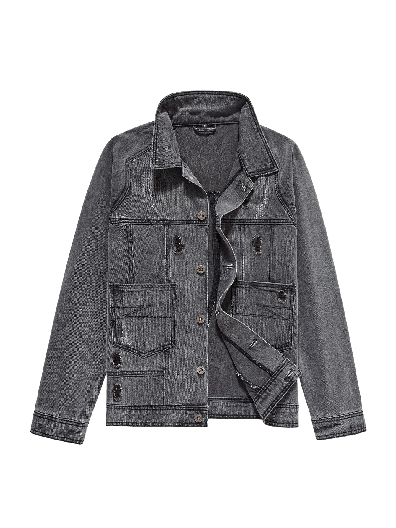 Men Ripped Patched Pocket Raglan Sleeve Denim Jacket