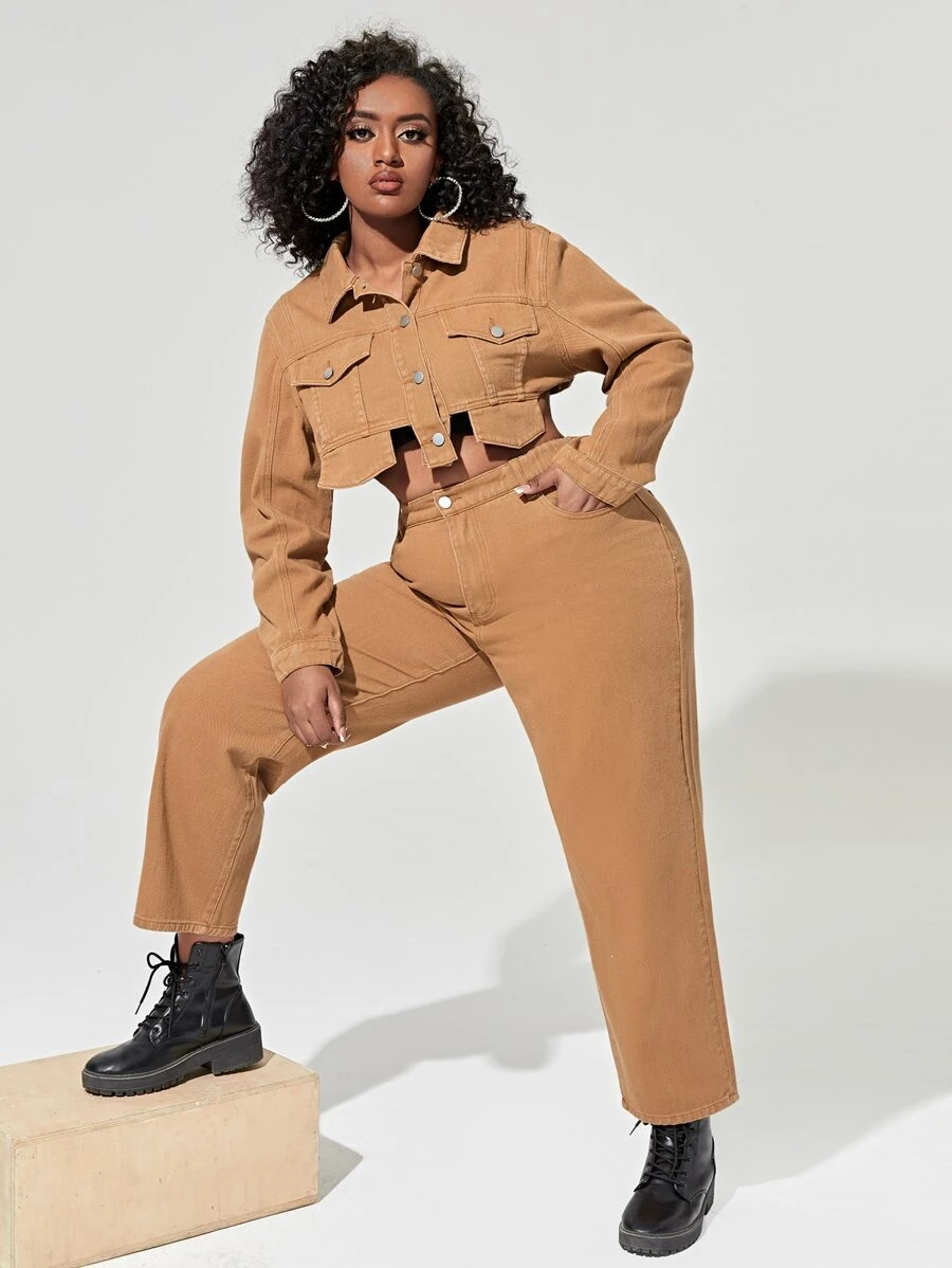 Plus Asymmetrical Hem Denim Jacket & Jeans
