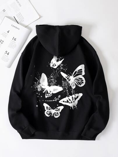Butterfly Print Graphic Thermal Lined Hoodie